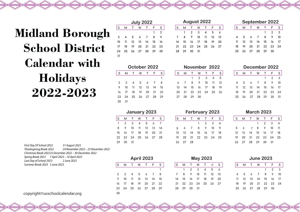 Midland Borough School District Calendar with Holidays 2022-2023 2