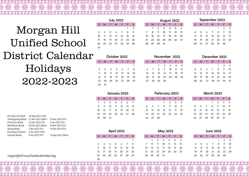 Morgan Hill Unified School District Calendar Holidays 2022-2023 2