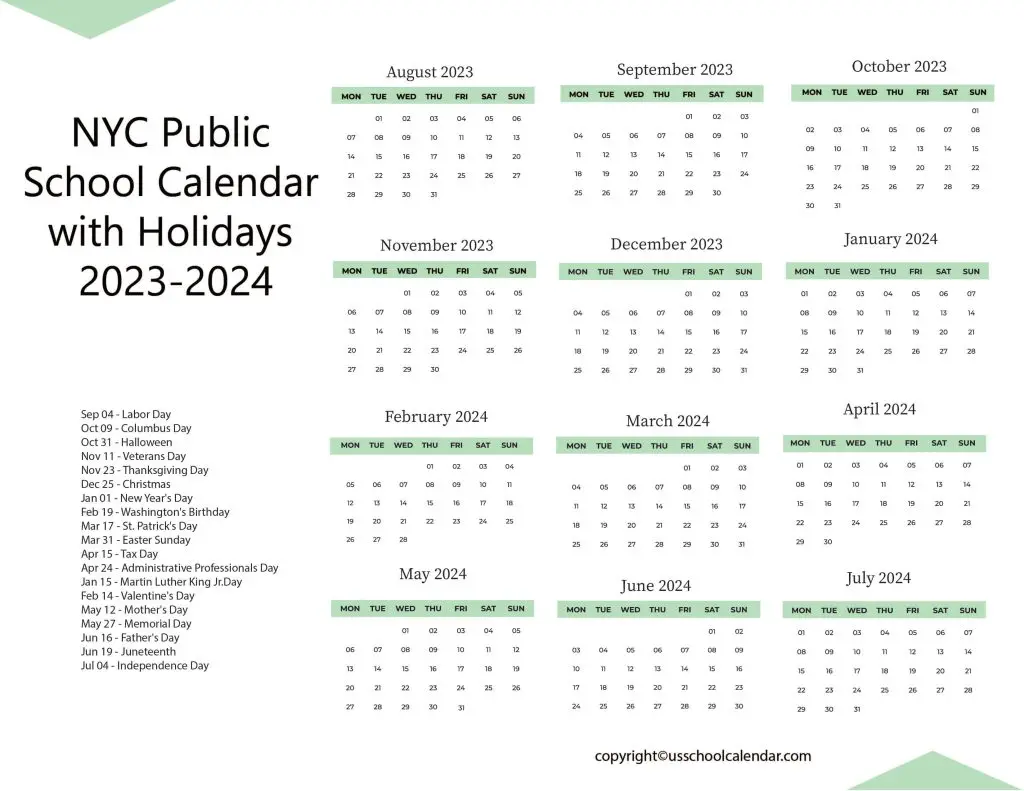 NYC Public School Calendar