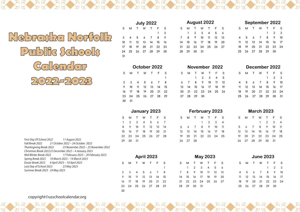 Nebraska Norfolk Public Schools Calendar 2022-20233