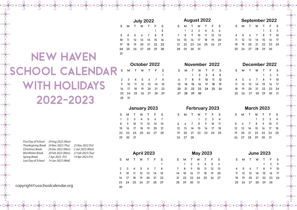 New Haven School Calendar with Holidays 2022-2023