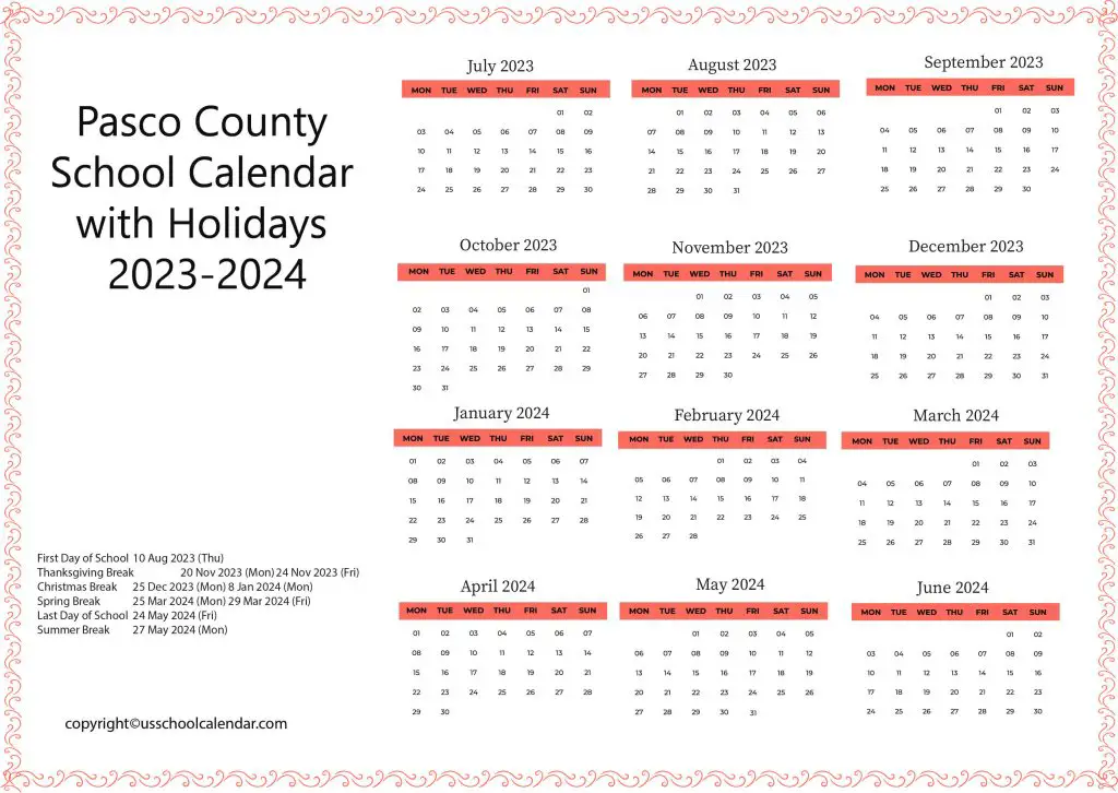 Pasco County School District Calendar