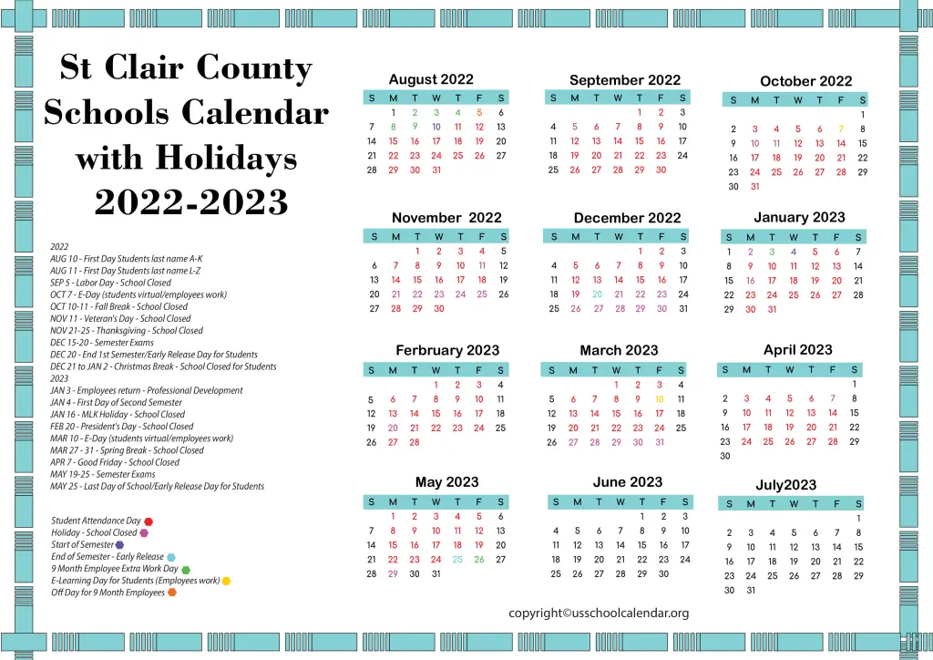 St Clair County Schools Calendar with Holidays 2022-2023 2