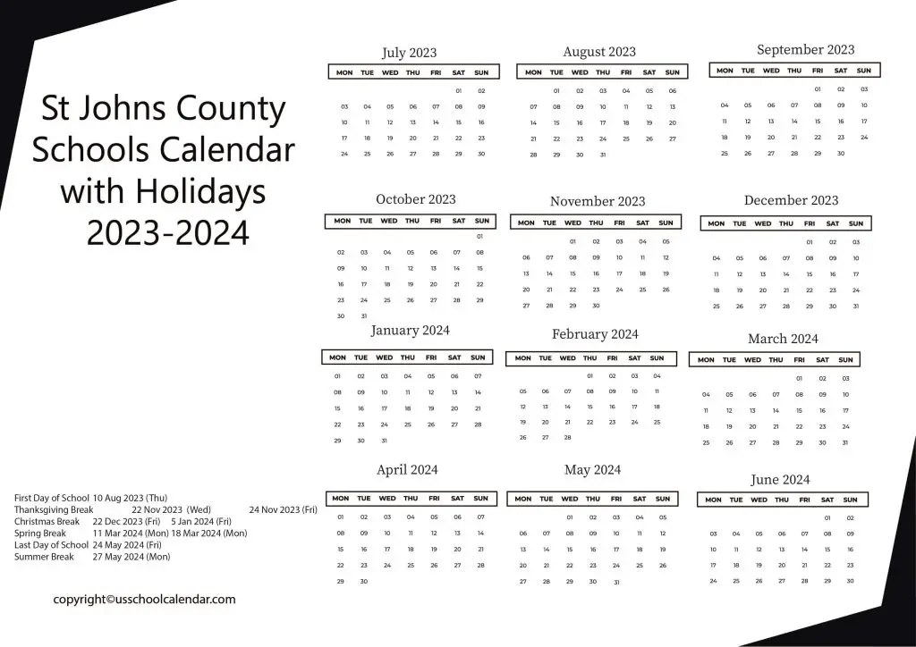 St. Johns County Schools Calendar