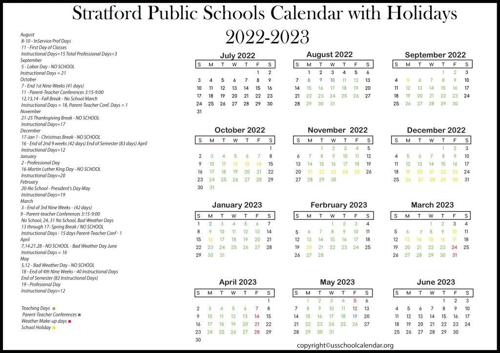 Stratford Public Schools Calendar with Holidays 2022-2023