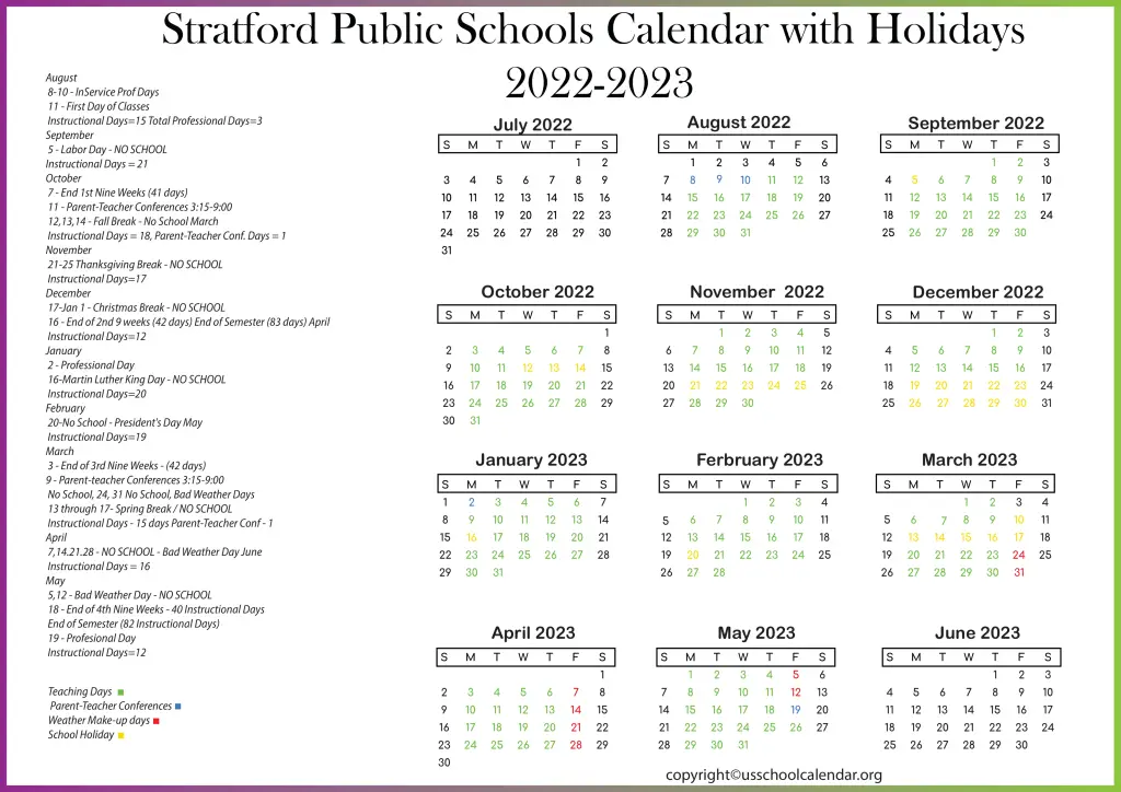 Stratford Public Schools Calendar with Holidays 2022-2023 2