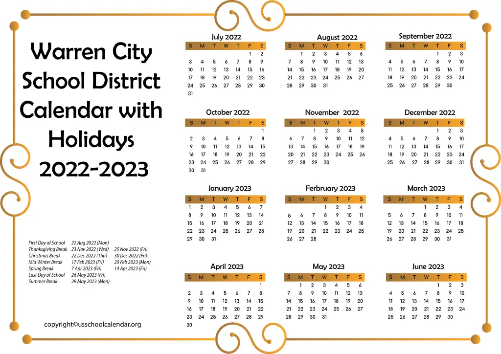 Warren City School District Calendar with Holidays 2022-2023