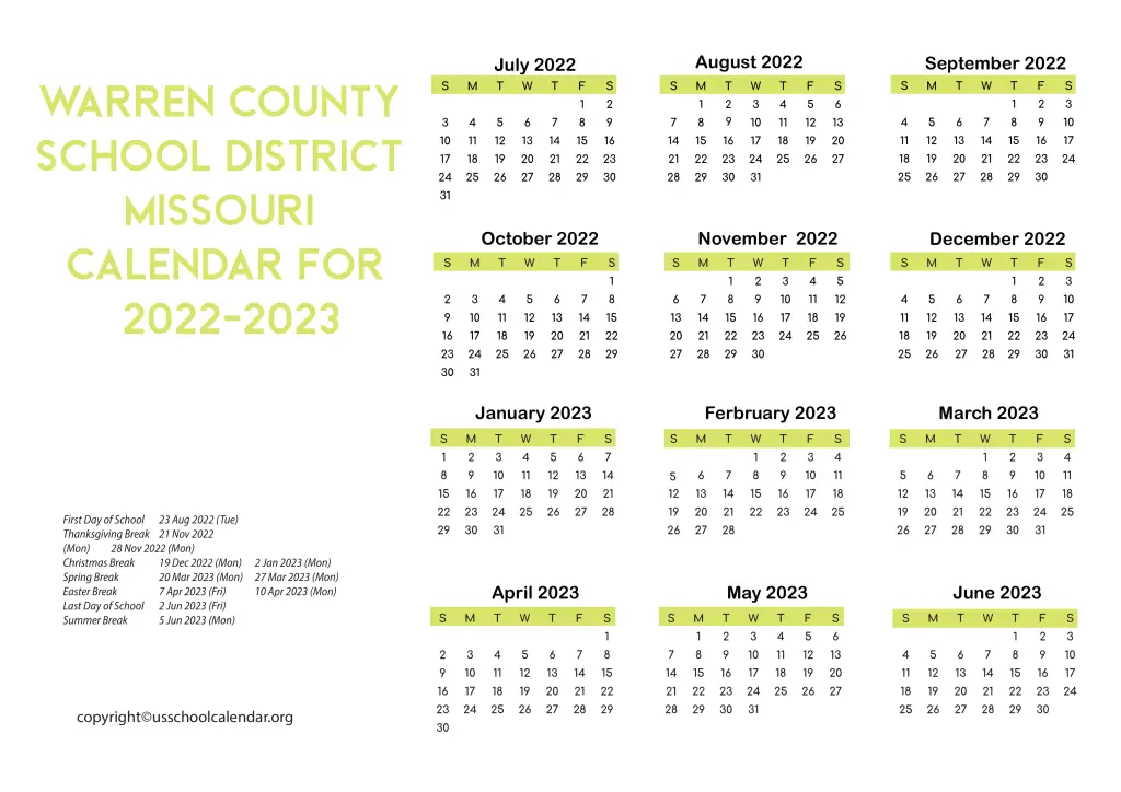 Warren County School District Missouri Calendar for 2022-2023