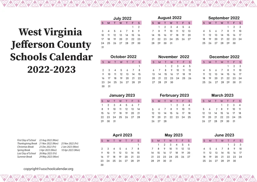 West Virginia Jefferson County Schools Calendar 2022-2023