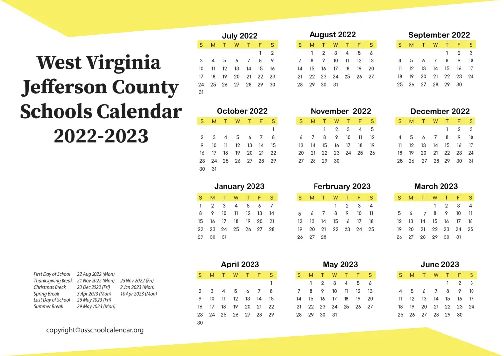 West Virginia Jefferson County Schools Calendar 2022-2023 2