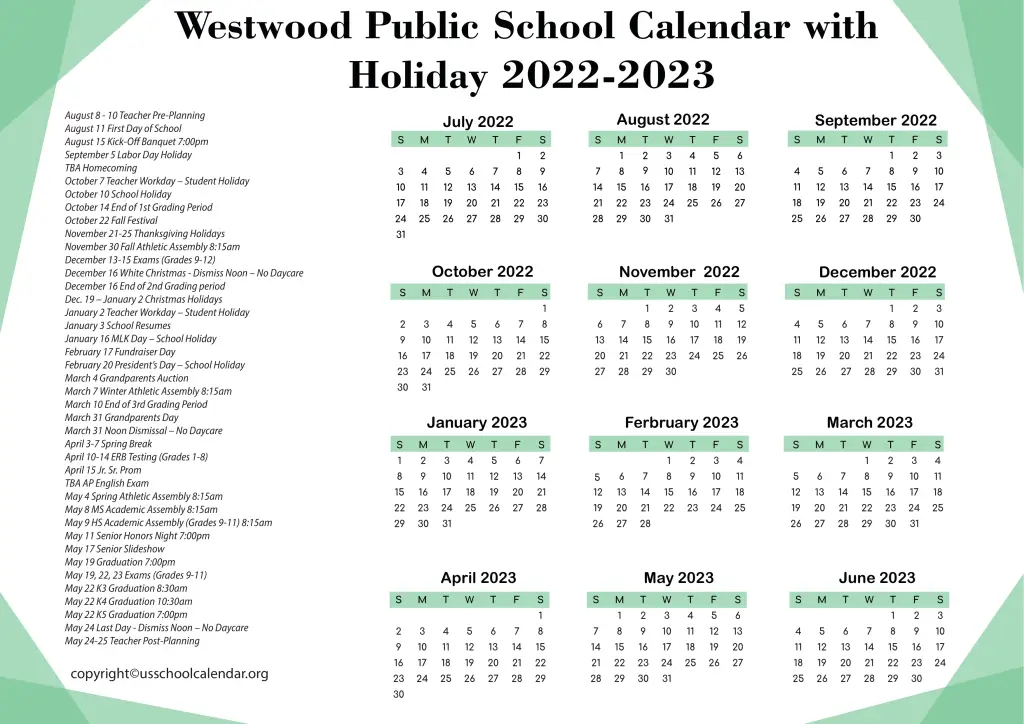 Westwood Public Schools Calendar with Holidays 2022-2023