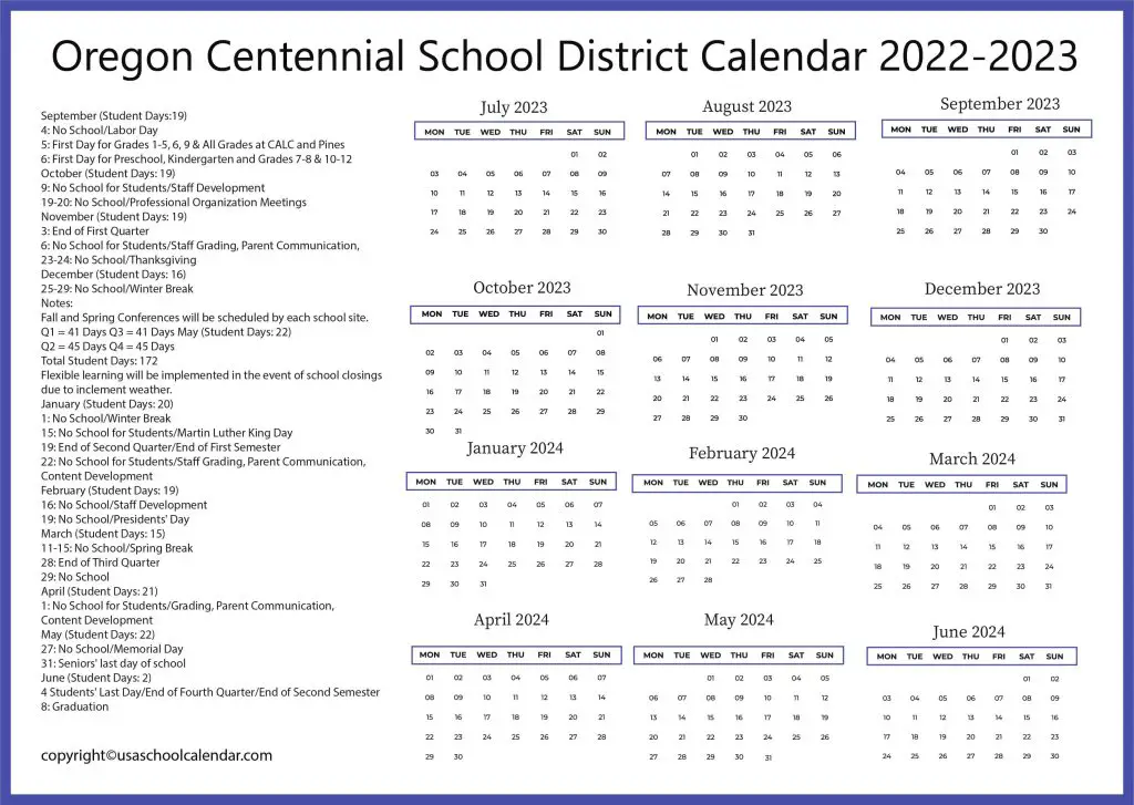 oregon centennial school district calendar