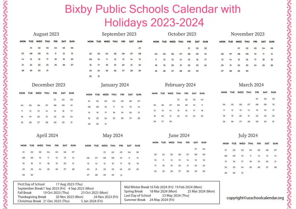 Bixby Public Schools Calendar