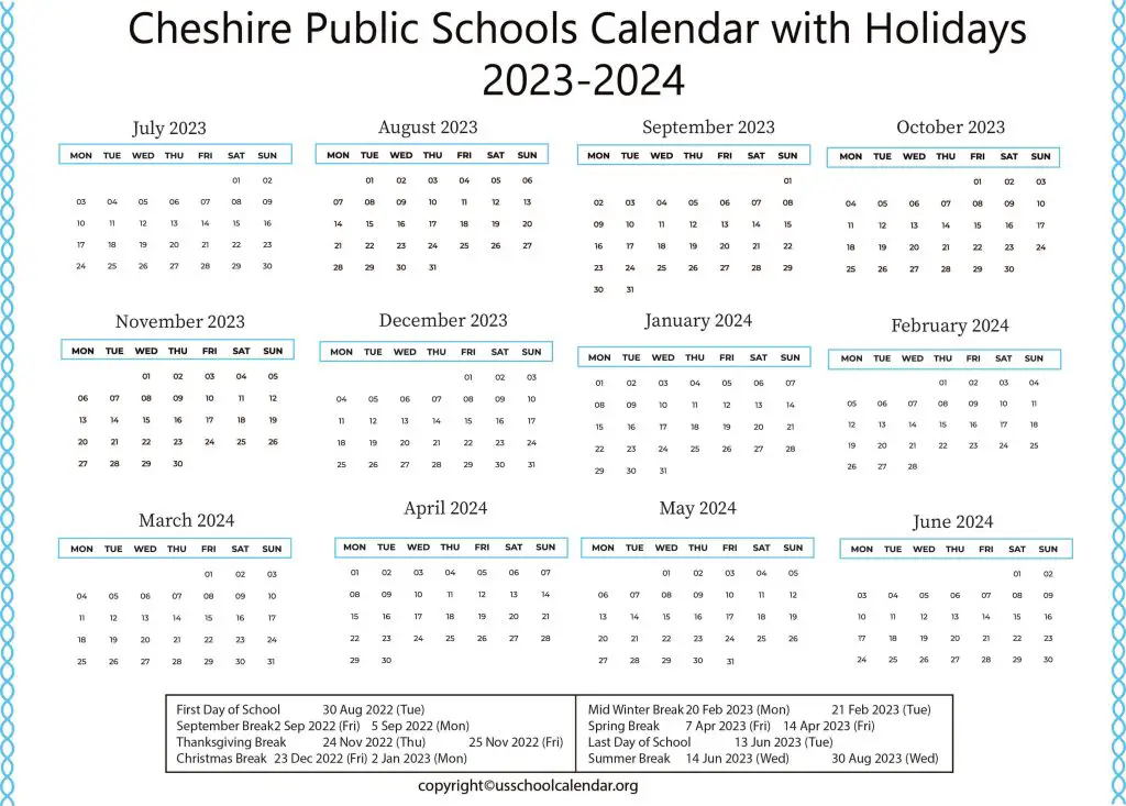 Cheshire Public Schools Calendar