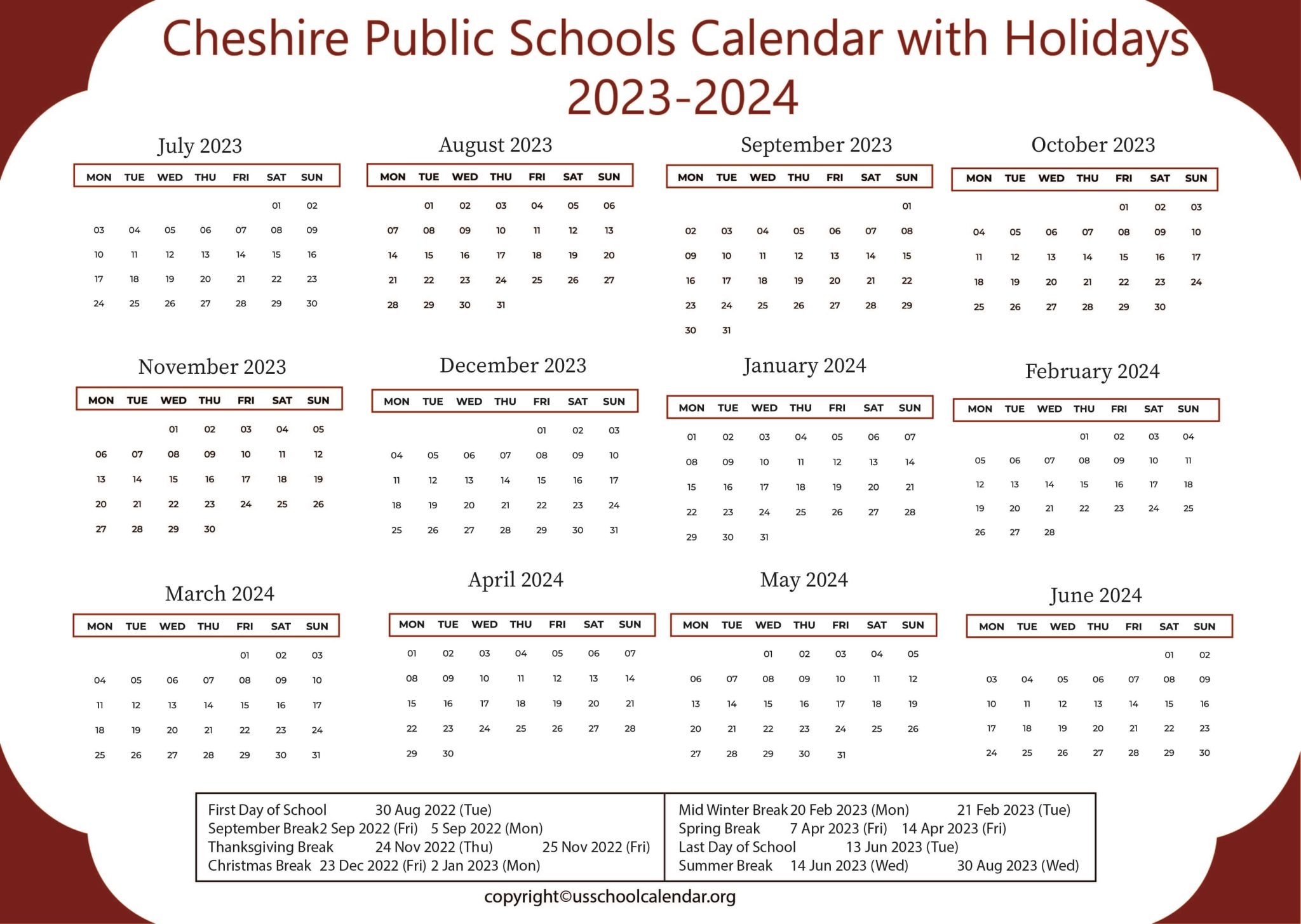Cheshire Public Schools Calendar US School Calendar