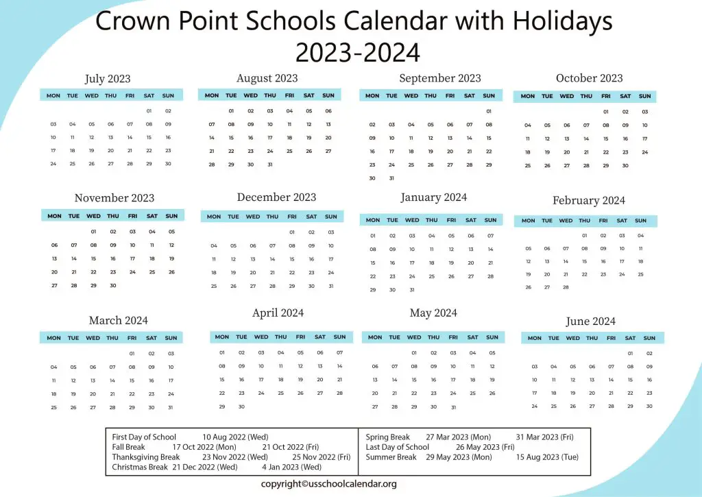 Crown Point Schools Calendar