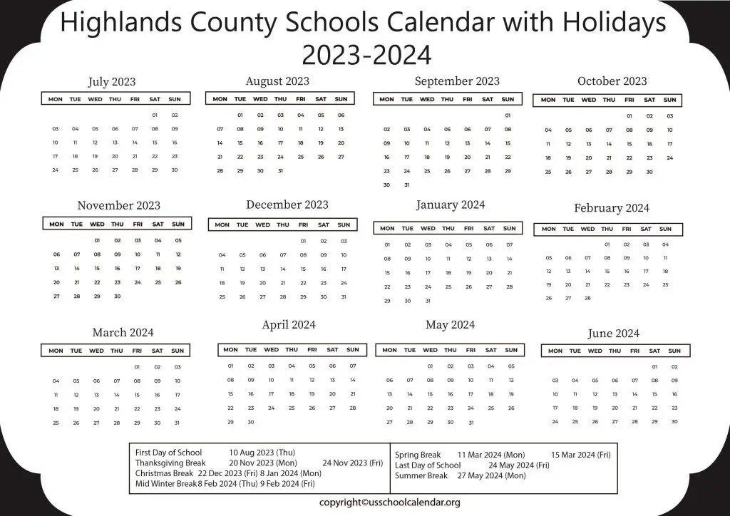 Highlands County Schools Calendar