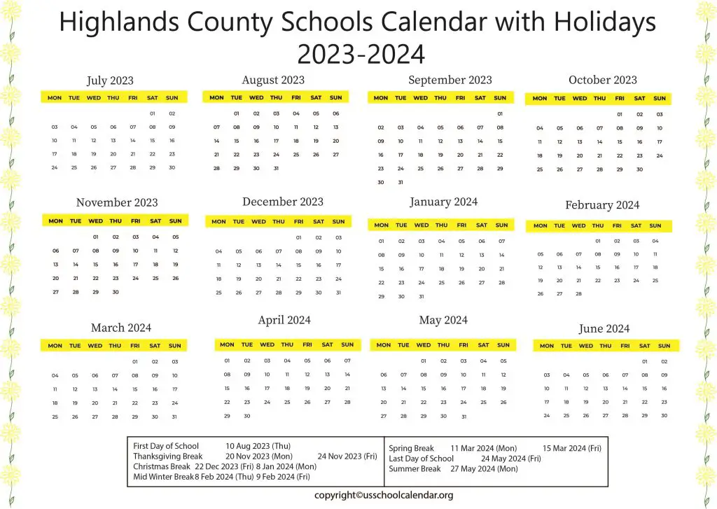 Highlands County Schools Calendar