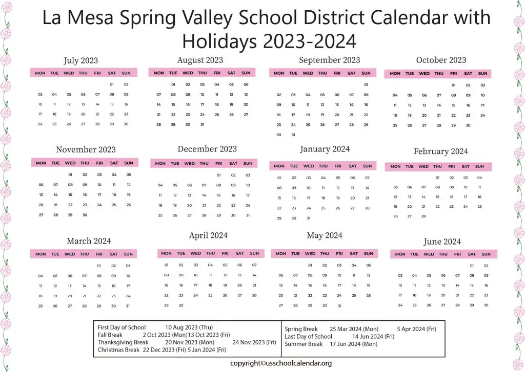 La Mesa Spring Valley School District Calendar