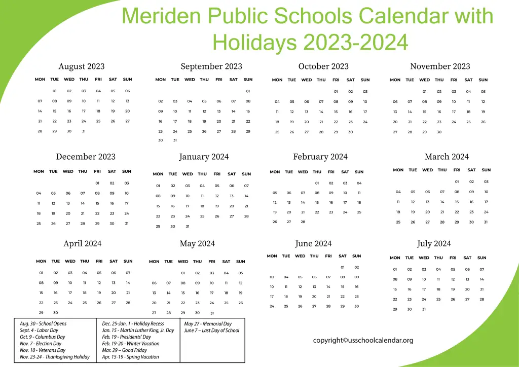 Meriden Public Schools Calendar with Holidays 2023-2024