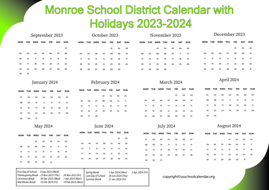 Monroe School District Calendar with Holidays 2023-2024 3