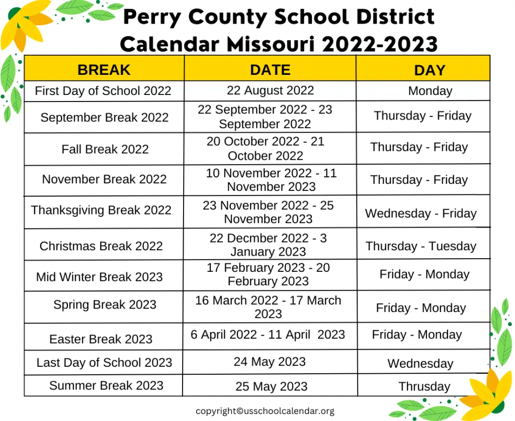 Perry County School District Calendar Missouri 2022-2023