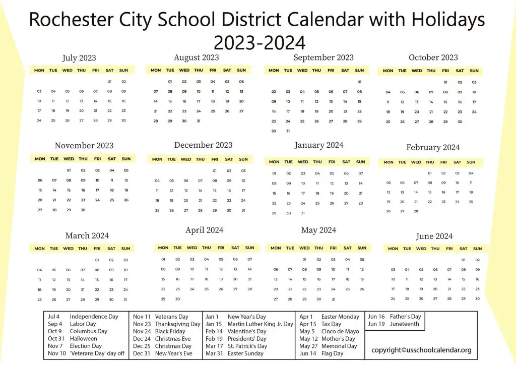 Rochester City School District Calendar with Holidays 2023-2024 2