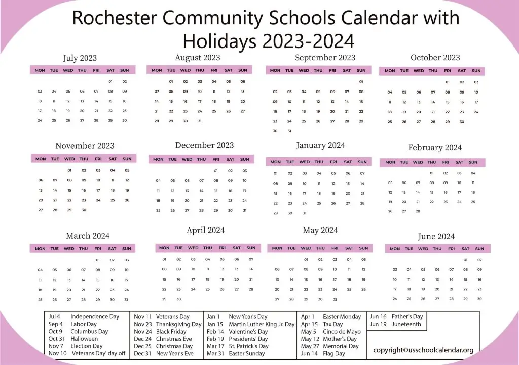 Rochester Community Schools Calendar with Holidays 2023-2024