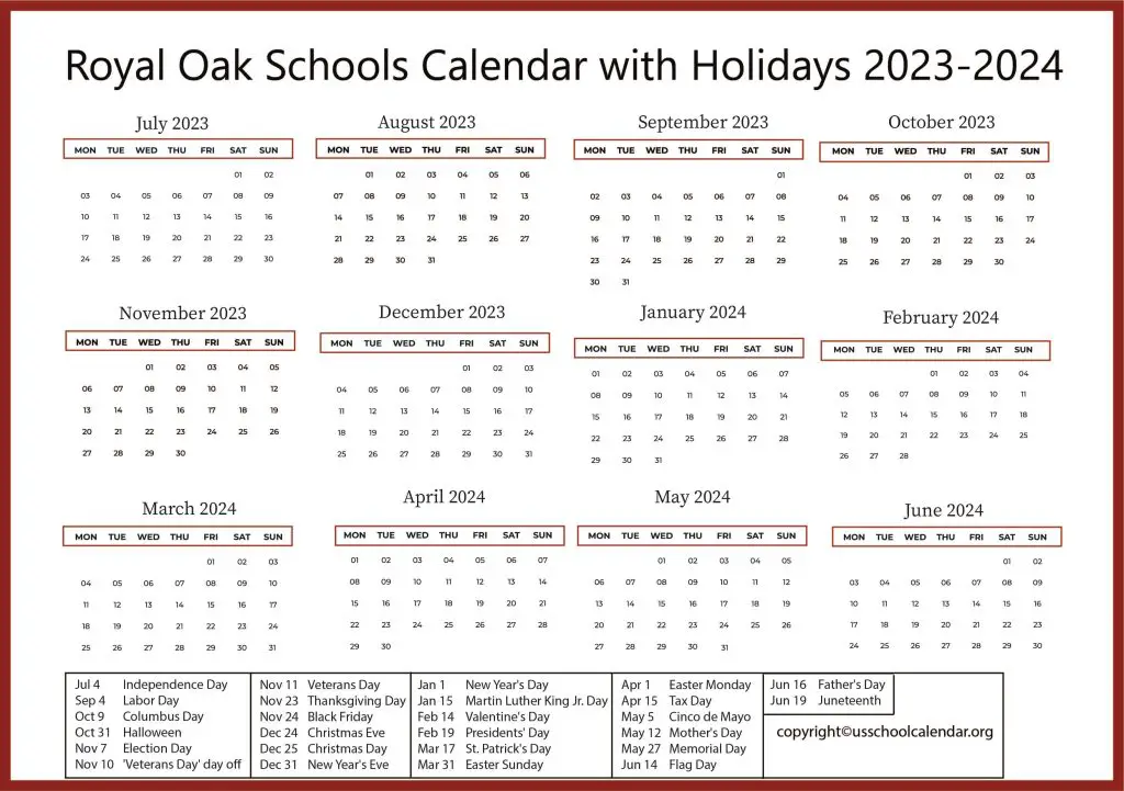 Royal Oak Schools Calendar