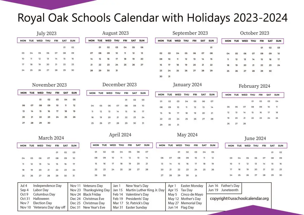 Royal Oak Schools Calendar