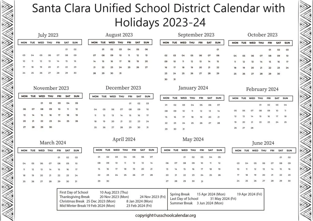 Santa Clara Unified School District Calendar