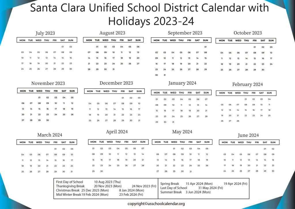 Santa Clara Unified School District Calendar