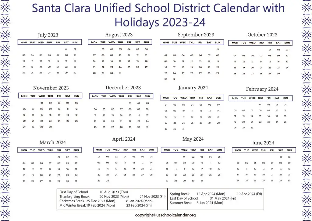 Santa Clara Unified School District Calendar