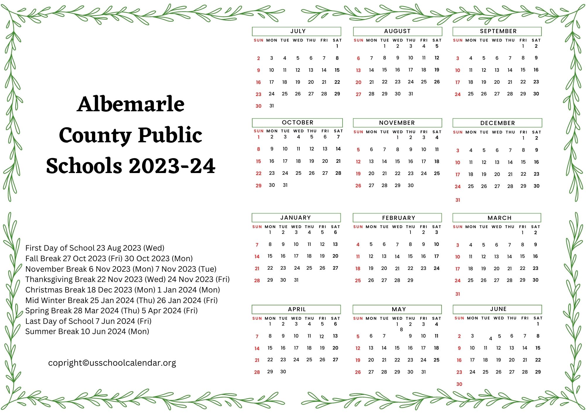 Albemarle County Public Schools Calendar US School Calendar