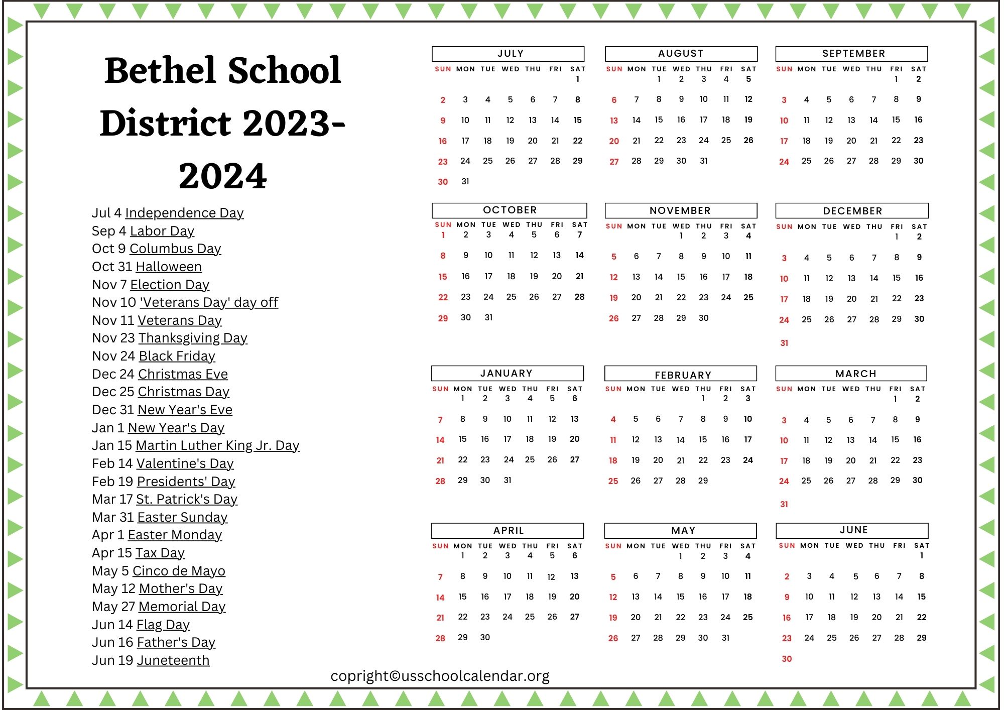 Bethel Schools Academic Year Calendar US School Calendar