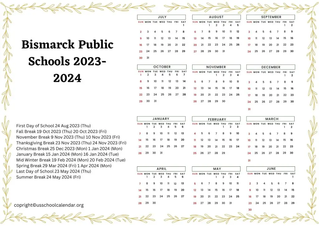 Bismarck Public Schools Holiday Calendar