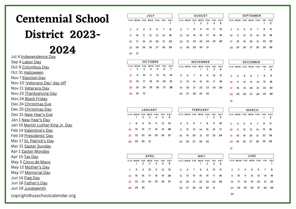 Centennial School District Calendar