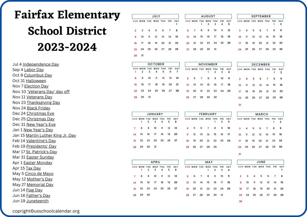 Fairfax Elementary School Calendar