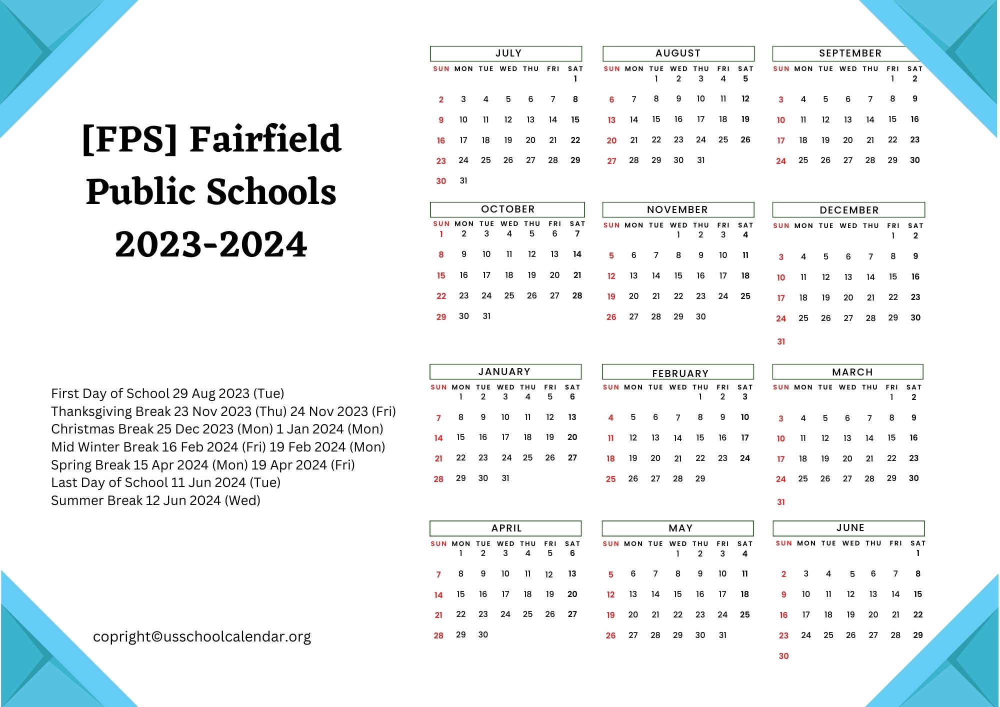 Fairfield Schools Academic Year Calendar US School Calendar