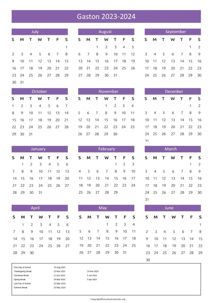 Gaston County School Calendar