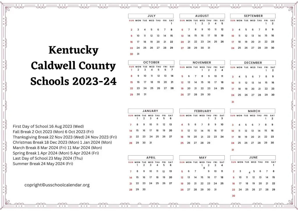 Kentucky Caldwell County Schools Holiday Calendar