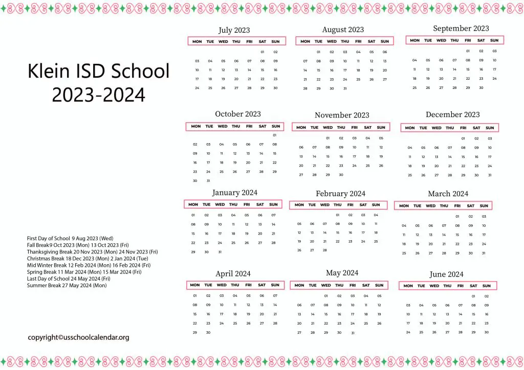 Klein Independent School District Calendar