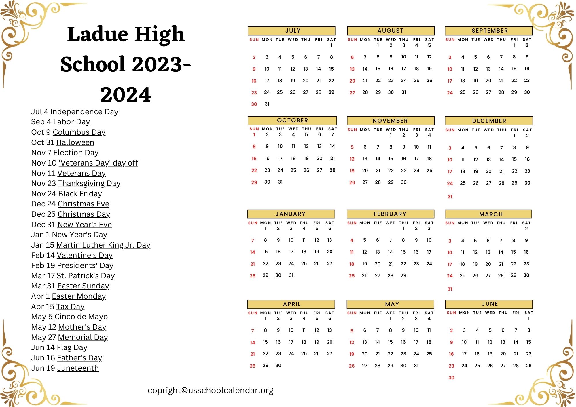 Ladue High School Holiday Calendar US School Calendar