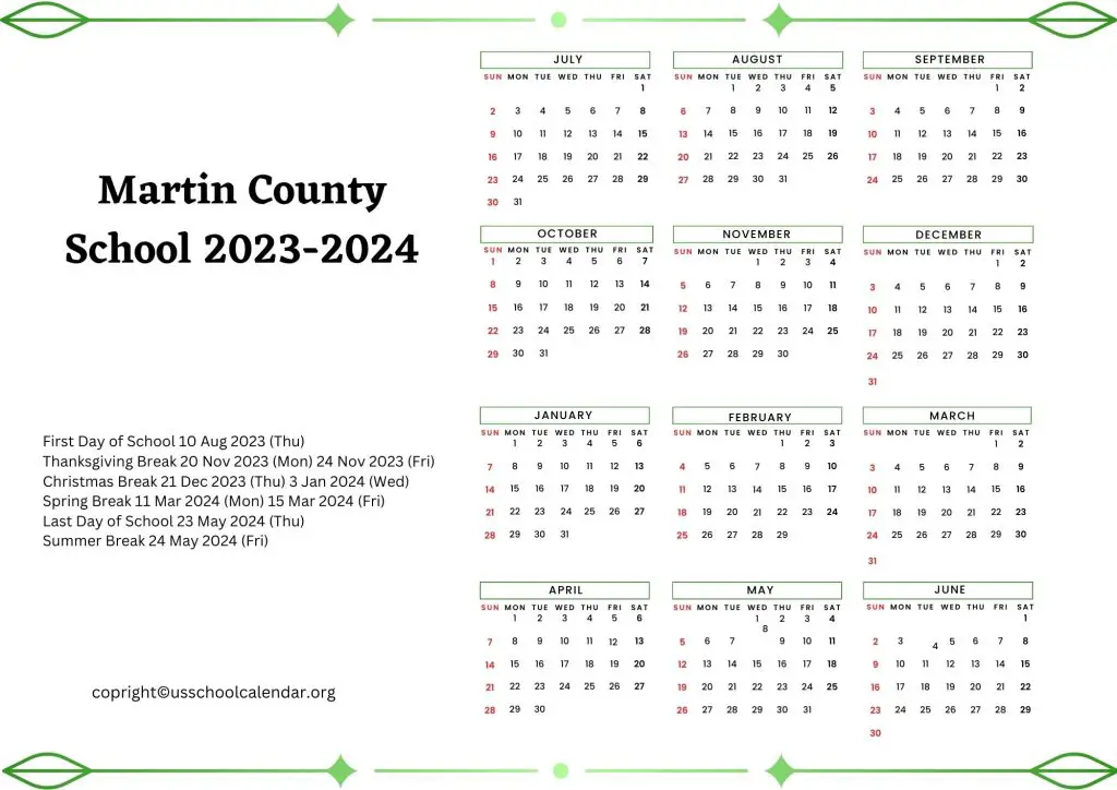 Martin County School District Calendar