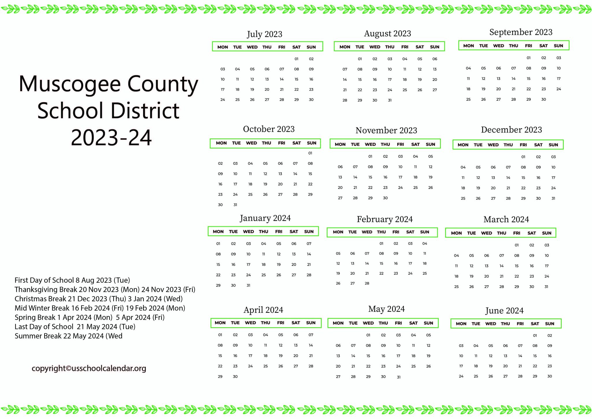 Muscogee County Public Schools Calendar US School Calendar