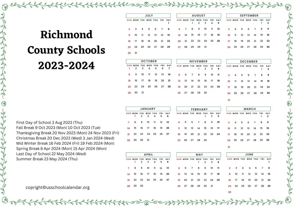 Richmond County Schools Holiday Calendar