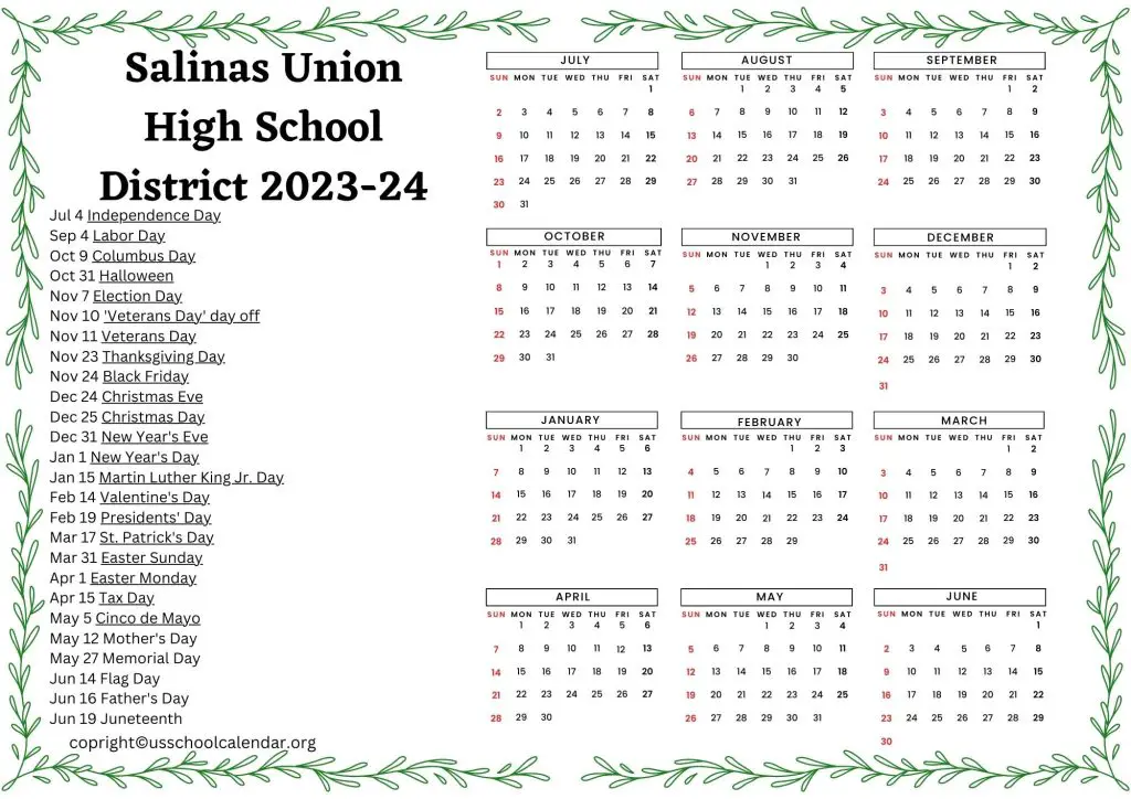 Salinas Union High School District Calendar