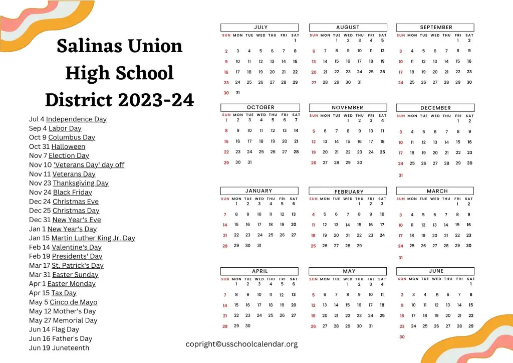 Salinas Union High School District Holiday Calendar