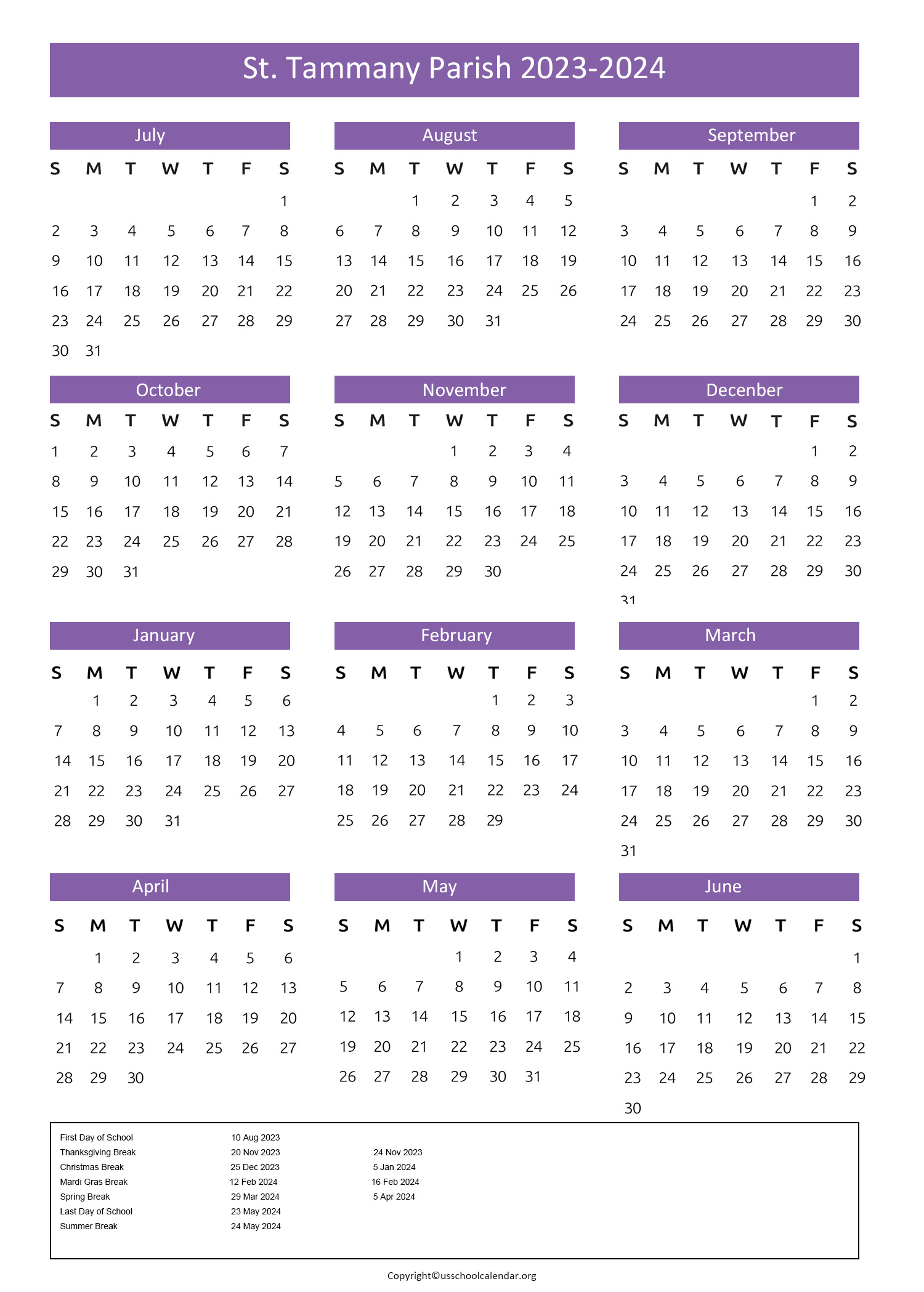 STPSB Calendar US School Calendar STPSB Calendar US School Calendar