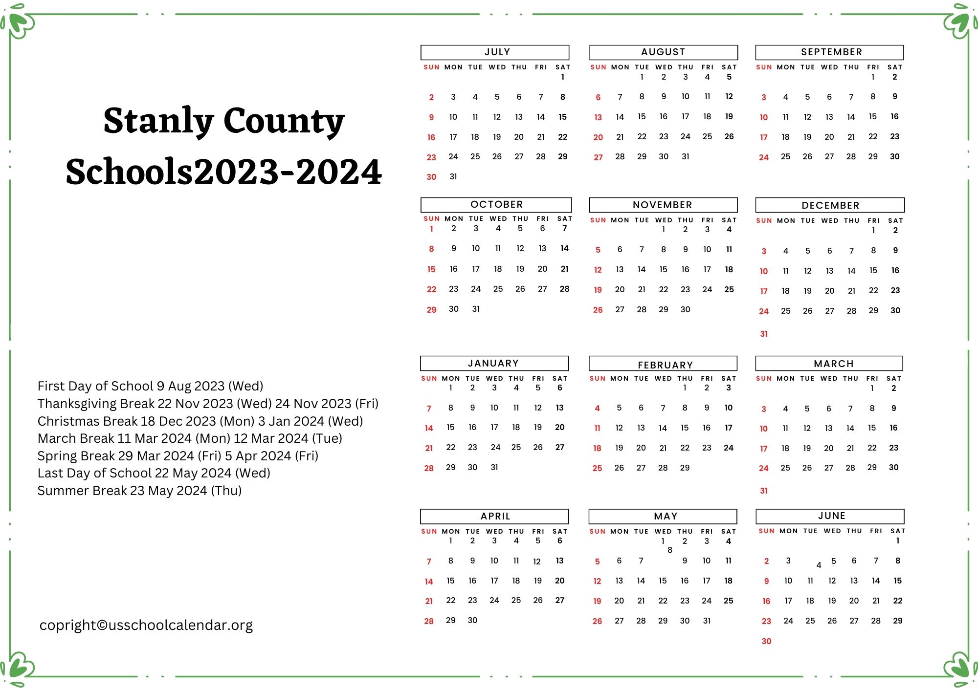 Stanly County Schools Calendar - US School Calendar